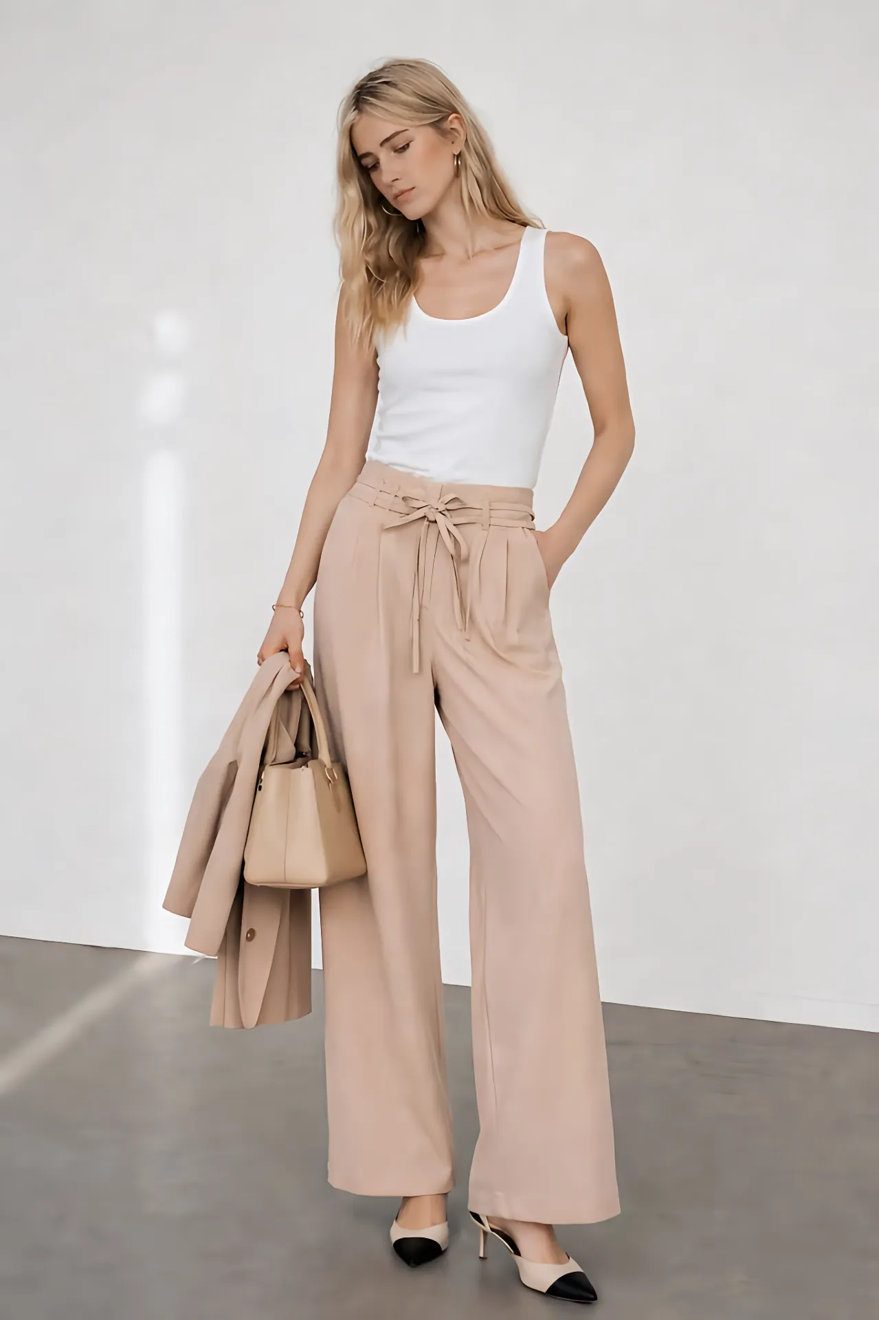 Beige high-waist wide-leg pants with tie belt