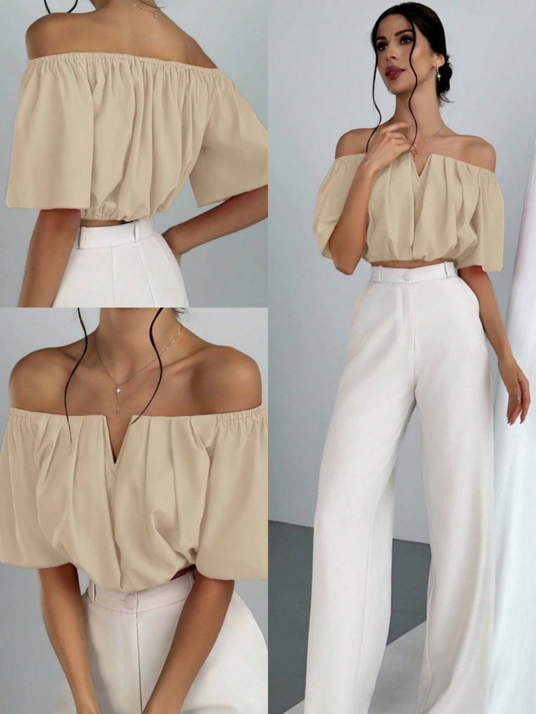Beige Off-The- Shoulder Short-Sleeved Loose Top