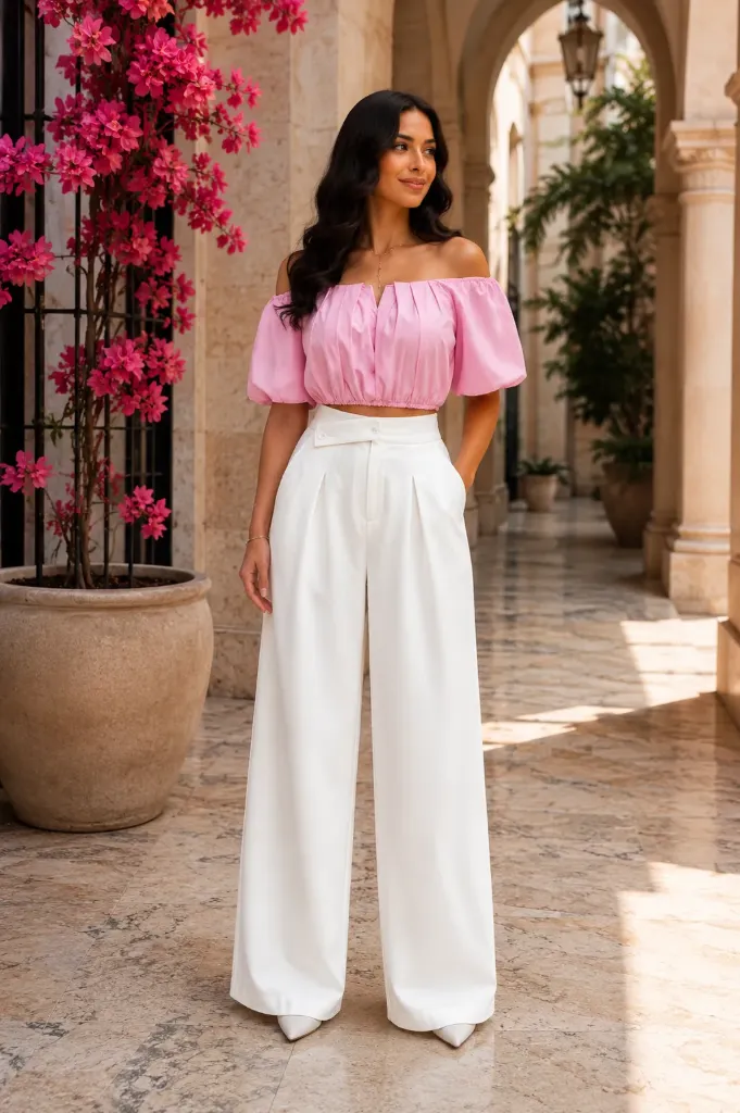White- Wide Leg Pants with a high waist
