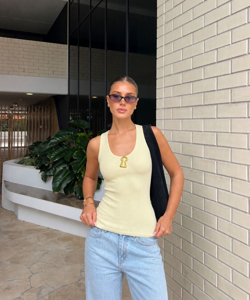 Light Yellow Ribbed Sleeveless Gold Chain Tank Top