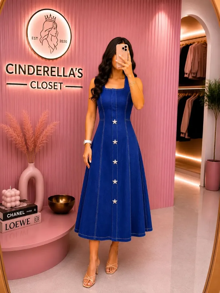 Denim Star Button Midi Dress