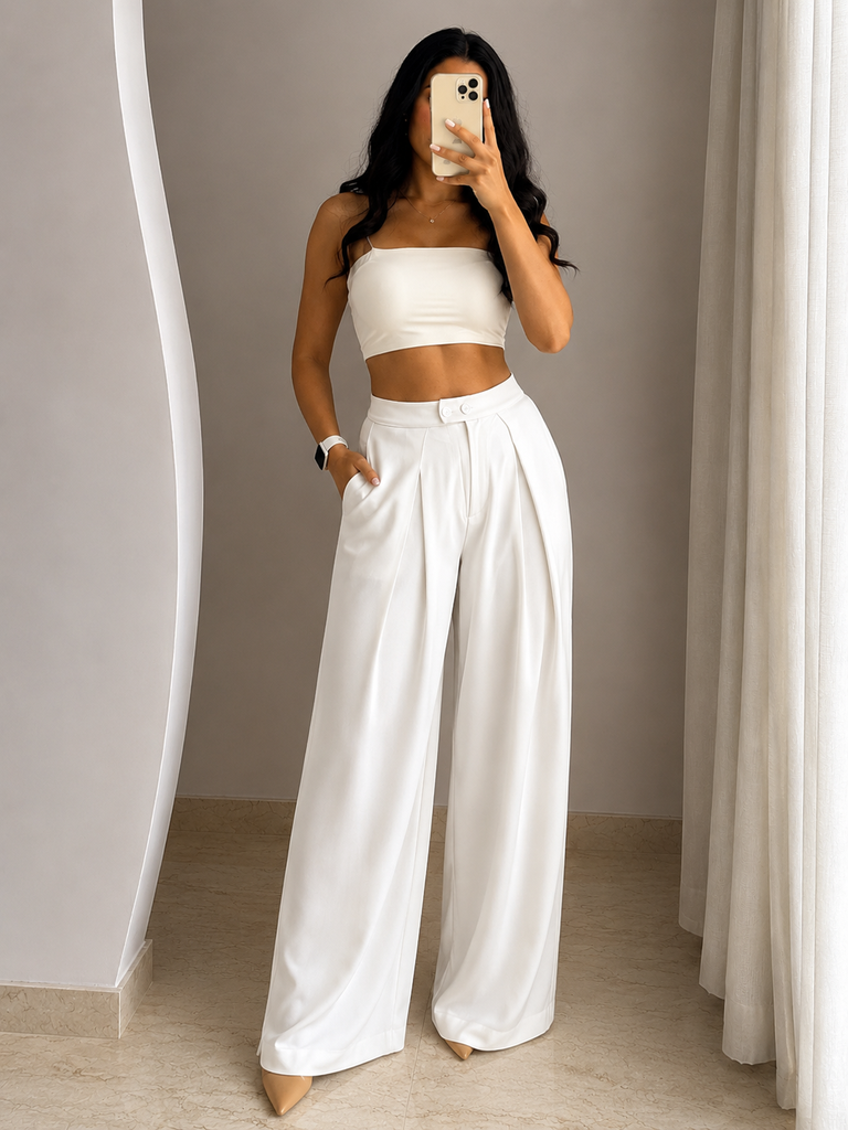 White Double-Button Wide Leg Pants