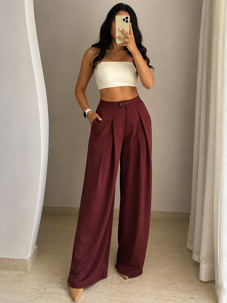 Burgandy Double-Button Wide Leg Pants