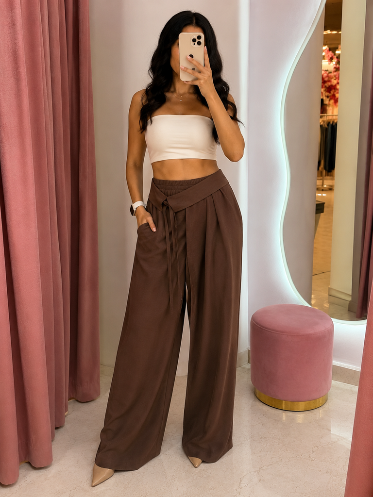 Tie Waist Wide Leg Pants - Brown