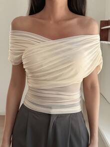 Shirt Off-Shoulder Mesh Fitted